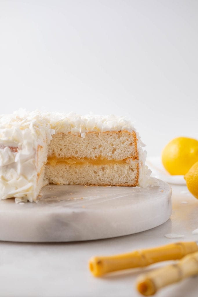 coconut cake out of a boxed cake mix with lemon curd sliced